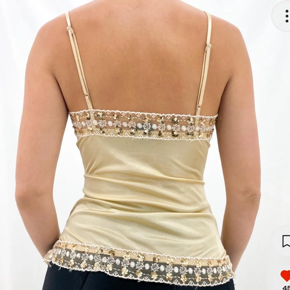 Y2K Gold yellow stretchy tank top lace with white trim and adjustable size XS/S - Picture 4 of 4